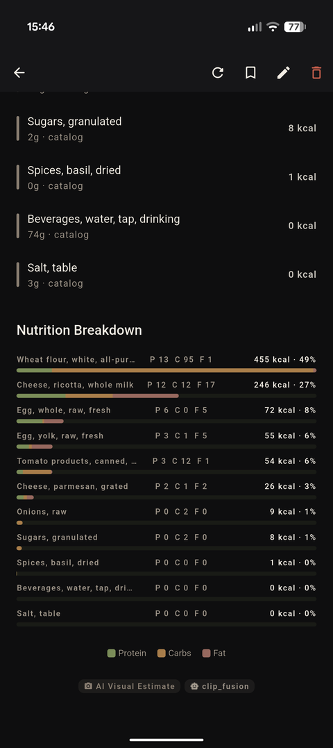 Adra nutrition breakdown for 'Pasta With Meat Sauce': per-ingredient protein, carb, and fat values with share-of-calories bars.
